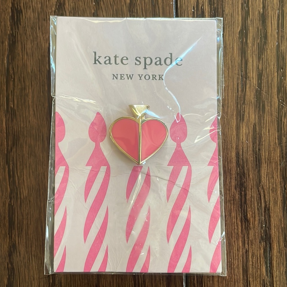 Kate Spade pink heart enamel pin in gold tone metal